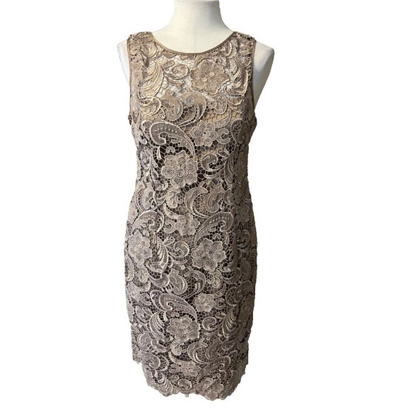 Adrianna Papell Dress 10 Taupe Lace Wedding Party Cruise Event Sheath w Bra - Picture 1 of 14